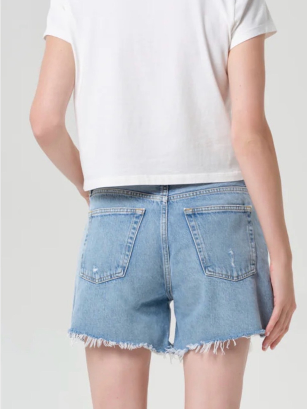 NWT Agolde Parker Long Swapmeet Light Blue Distressed Denim Cutoff Shorts SZ 27 - Picture 6 of 16